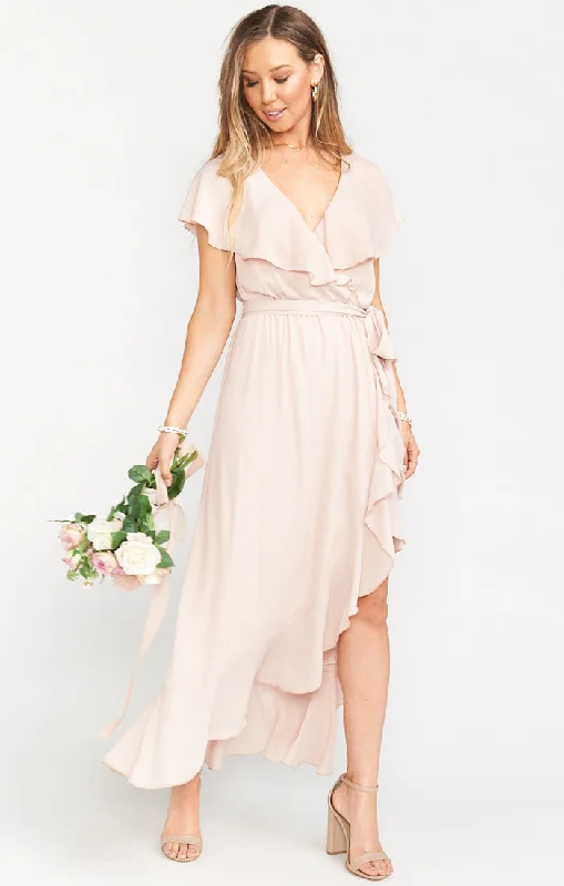 Jess Ruffle Midi Dress ~ Dusty Blush Crisp Comfortable Draped Midi Dress