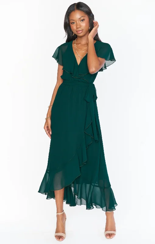 Jess Ruffle Midi Dress ~ Emerald Chiffon Trendy Mock Neck Midi Dress