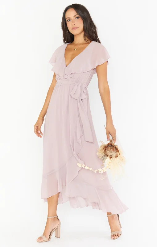 Jess Ruffle Midi Dress ~ Neutral Mauve Chiffon Stylish Pleated Skirt Midi Dress