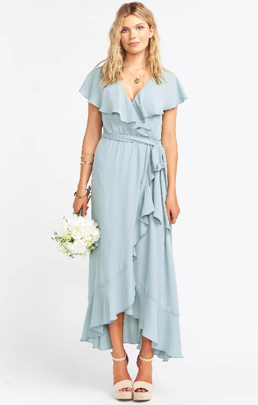 Jess Ruffle Midi Dress ~ Silver Sage Crisp Trendy Off-Shoulder Button Midi Dress