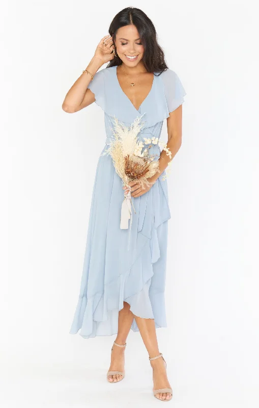 Jess Ruffle Midi Dress ~ Steel Blue Chiffon Elegant Puff Sleeve Midi Dress