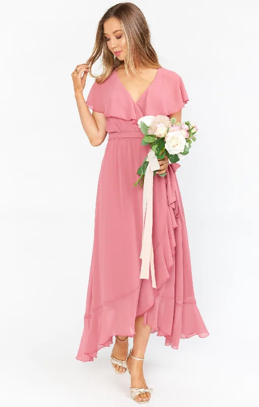 Jess Ruffle Midi Dress ~ Sunset Rose Chiffon Comfortable Short Sleeve Midi Dress