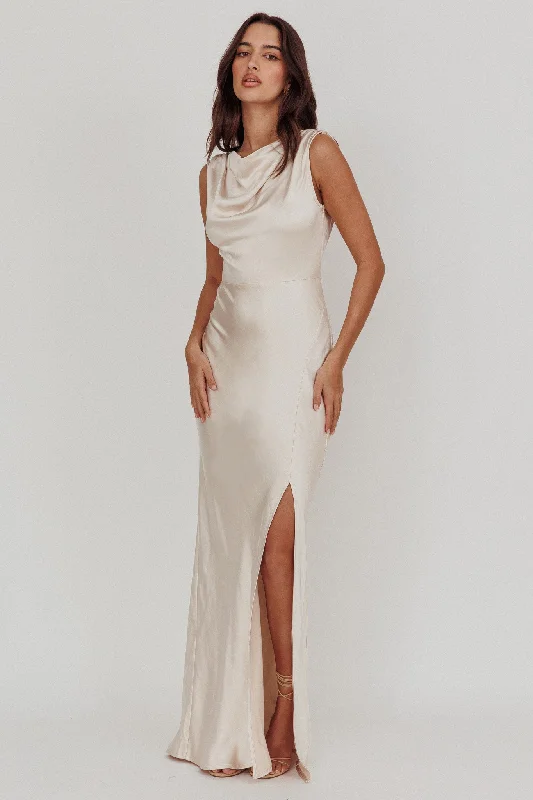 Jinora Cowl Neck Leg Slit Satin Maxi Dress Trendy Button Front Maxi Dress