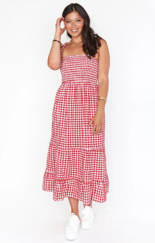 Jones Midi Dress ~ Strawberry Gingham Comfortable Ribbed Midi Dress