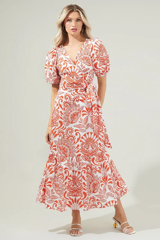 Juny Floral Stroll Poplin Wrap Top Midi Dress Fashionable High-Low Midi Dress