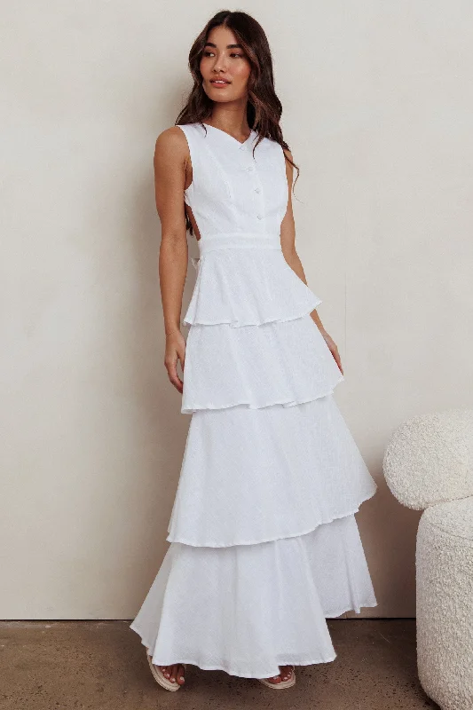 Just Perfect Tiered Ruffle Maxi Dress White Fashionable High-Waist Maxi Dress