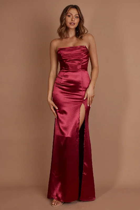 Kalisa Strapless Thigh Split Maxi Dress Burgundy Elegant Lace-Up Maxi Dress