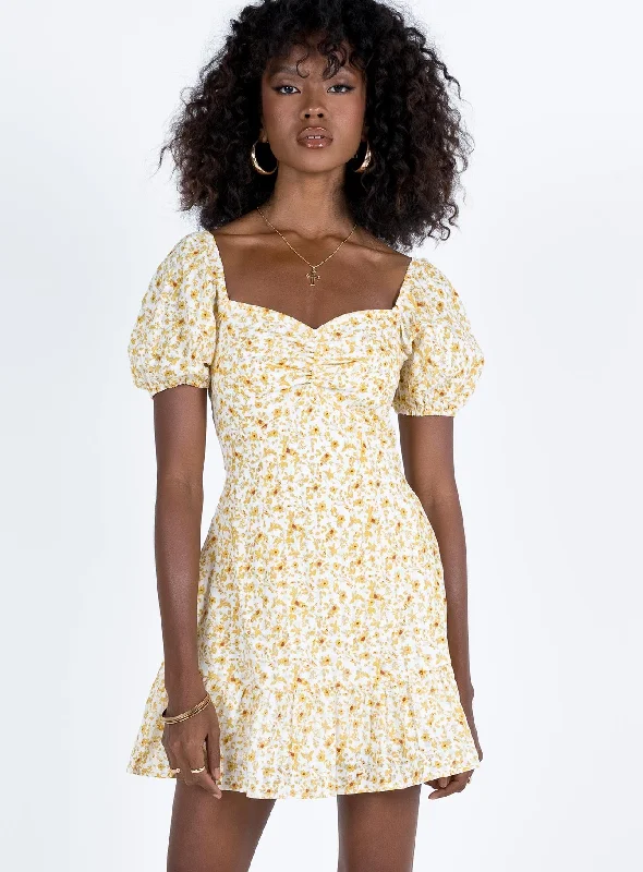 Kaori Mini Dress Yellow Floral Stylish Puff Sleeve Mini Dress