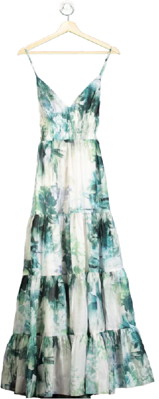 Karen Millen Blue Watercolour Cotton Plunge Strappy Woven Maxi Dress UK 8 Fashionable Chiffon Tiered Maxi Dress