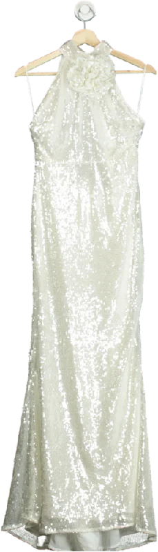 Karen Millen White Sequin Rosette Halter Woven Maxi Dress UK 6 Elegant Maxi Dress with Drapes