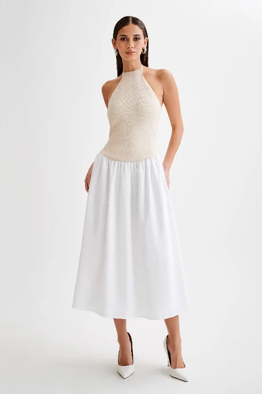 Katie Knit And Linen Midi Dress - Natural/White Elegant Velvet Midi Dress