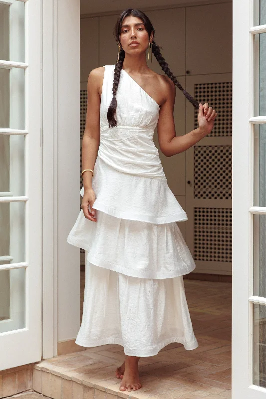 Kenny One Shoulder Tiered Maxi Dress White Comfortable Long-Sleeve Maxi Dress