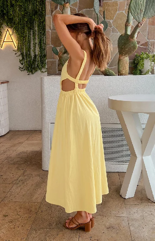 Kensington Yellow Backless Midi Dress Fashionable Skater Midi Dress