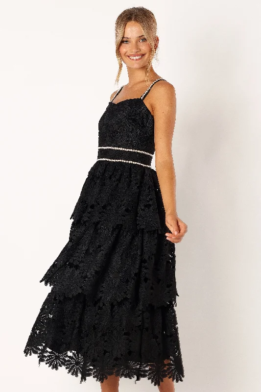 Knox Tiered Midi Dress - Black Fashionable Polka Dot Midi Dress