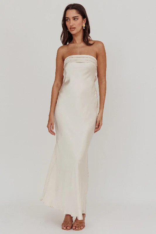 Kona Strapless Pleated Bust Satin Maxi Dress Champagne Comfortable Satin Maxi Dress