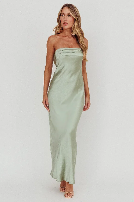 Kona Strapless Pleated Bust Satin Maxi Dress Sage Elegant Silk Maxi Dress