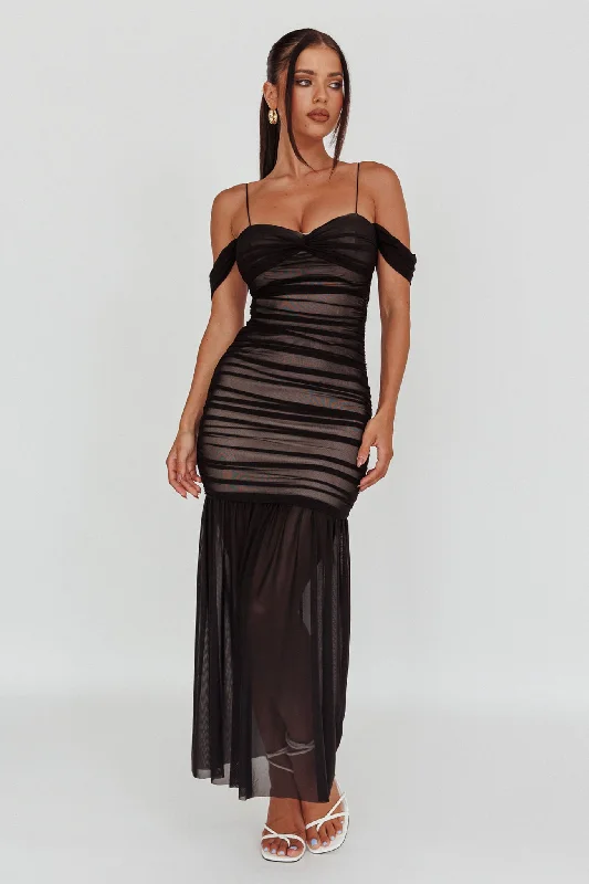 La Salle Ruched Mesh Maxi Dress Black Cozy Ruffle Sleeve Maxi Dress