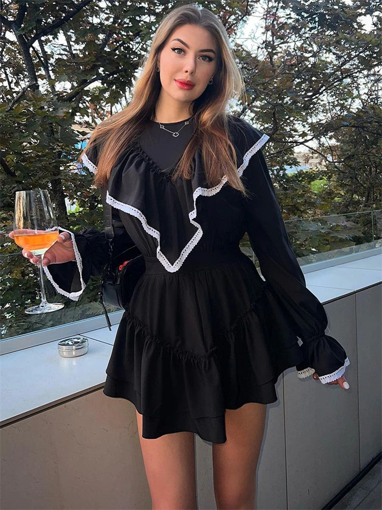Lace Splice Folds Autumn Slim Black Streetwear Temperament Mini Dress Cozy Long Sleeve Mini Dress Lace Splice Folds Autumn Slim Black Streetwear Temperament Mini Dress Cozy Long Sleeve Mini Dress