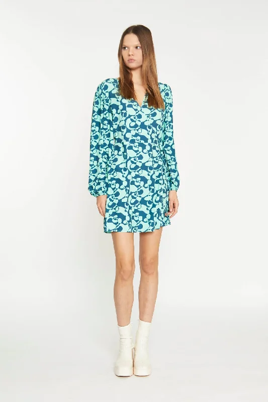 Green Abstract-Bubble V-Neck Wrap Mini Dress Cozy Ribbed Mini Dress