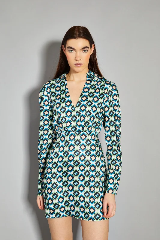 Glamorous Cream Multi Geo Flower Print V-Neck Mini Dress Cozy Jersey Mini Dress