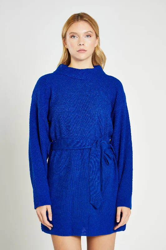 Glamorous Royal Blue Knitted Mini Dress with Tie Belt Elegant Satin Lace Mini Dress