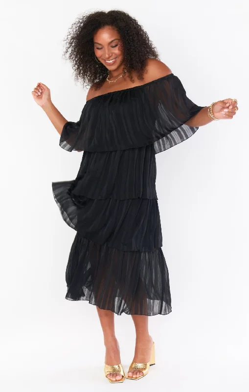 Lana Midi Dress ~ Flutter Stripe Chiffon Black Trendy Ruched Side Midi Dress