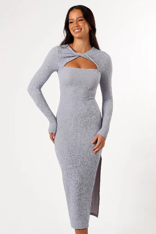 Laney Long Sleeve Midi Dress - Grey Trendy Long Sleeve Midi Dress
