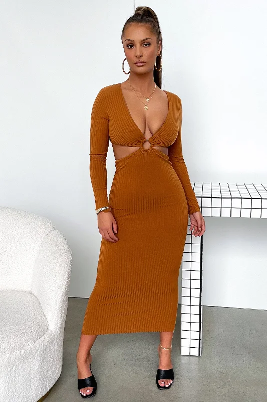 Laska Midi Dress - Rust Brown Comfortable Geometric Print Midi Dress