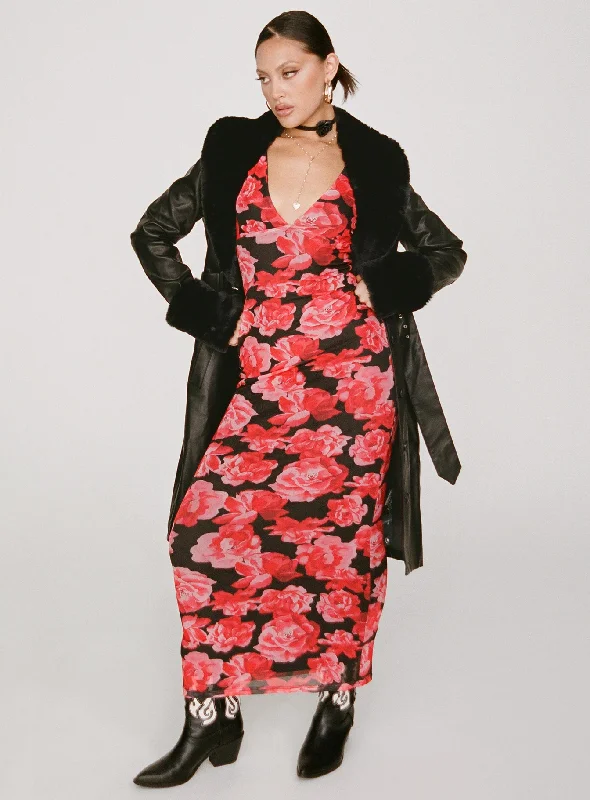 Lauers Maxi Dress Red Floral / Black Fashionable High-Low Maxi Dress