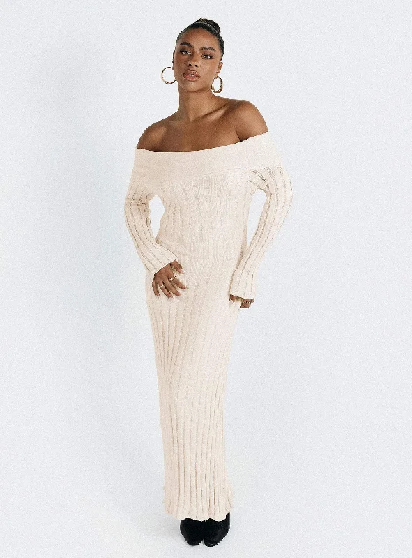 Lefler Off The Shoulder Maxi Dress Beige Elegant Maxi Dress with Belt