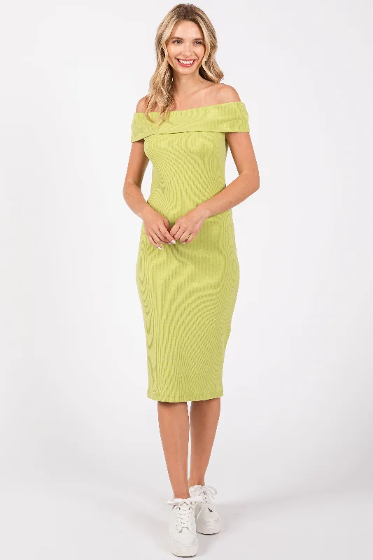 Lime Ribbed Knit Off Shoulder Midi Dress Trendy Long Sleeve Midi Dress