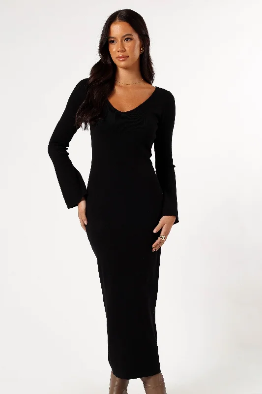 Lina Long Sleeve Midi Dress - Black Comfortable Deep V Midi Dress