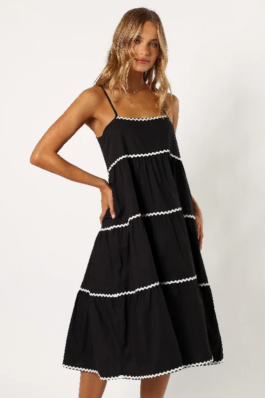 Loella Tiered Midi Dress - Black Fashionable Shift Midi Dress