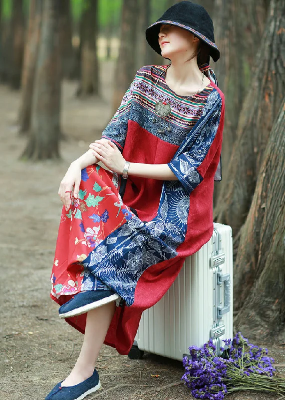 Loose Red Print Pockets Patchwork Cotton Maxi Dresses Half Sleeve KK096 Elegant Lace-Up Maxi Dress Loose Red Print Pockets Patchwork Cotton Maxi Dresses Half Sleeve KK096 Elegant Lace-Up Maxi Dress