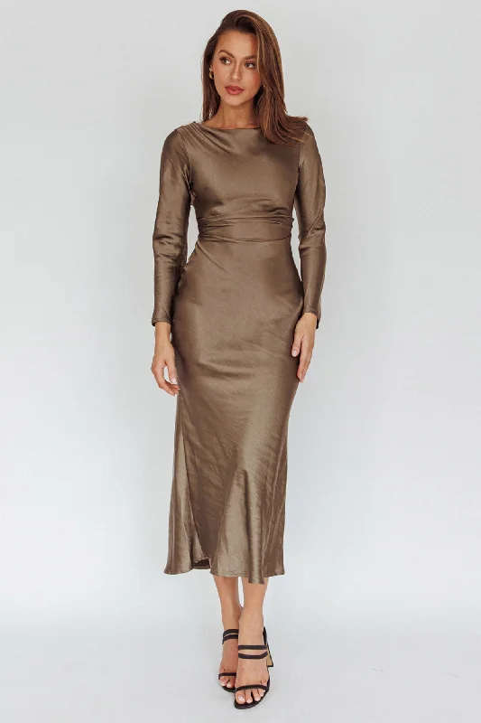 Loveland Cowl Back Midi Dress Olive Trendy Flared Sleeve Midi Dress