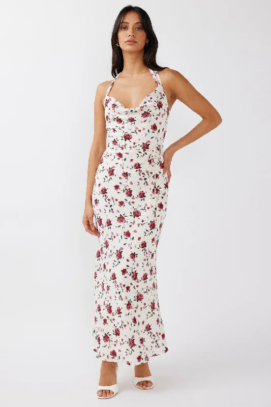 Love's Kiss Cowl Halterneck Maxi Dress Rose Stylish Maxi Dress with Frills