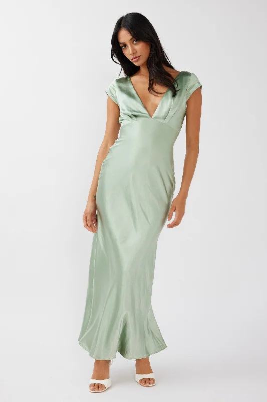 Lucinda V-Neck Twist Back Midi Dress Sage Cozy A-Line Midi Dress