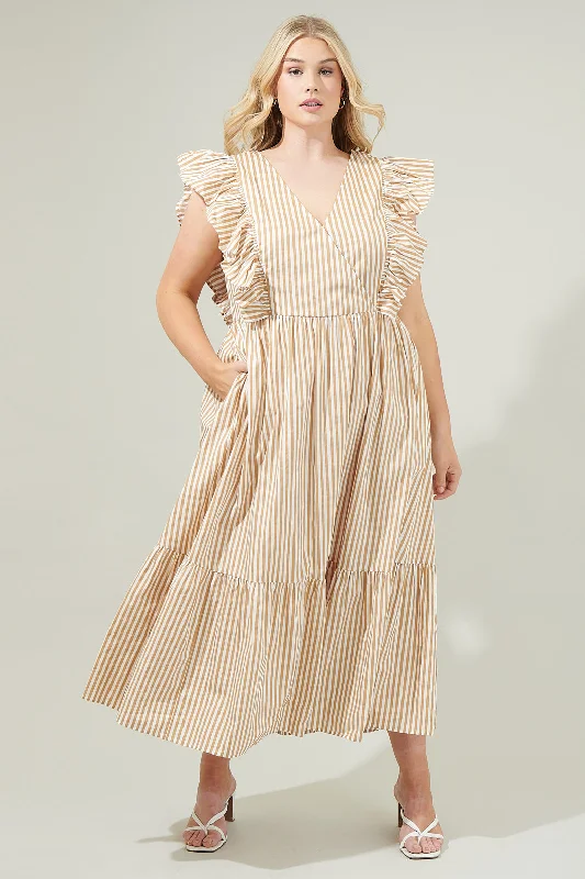 Luna Striped Fairness Taupe Poplin Surplice Midi Dress Curve Stylish Off-Shoulder Ruffle Dress Luna Striped Fairness Taupe Poplin Surplice Midi Dress Curve Stylish Off-Shoulder Ruffle Dress
