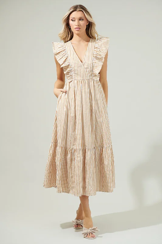 Luna Striped Fairness Taupe Poplin Surplice Midi Dress Comfortable Button Front Midi Dress Luna Striped Fairness Taupe Poplin Surplice Midi Dress Comfortable Button Front Midi Dress