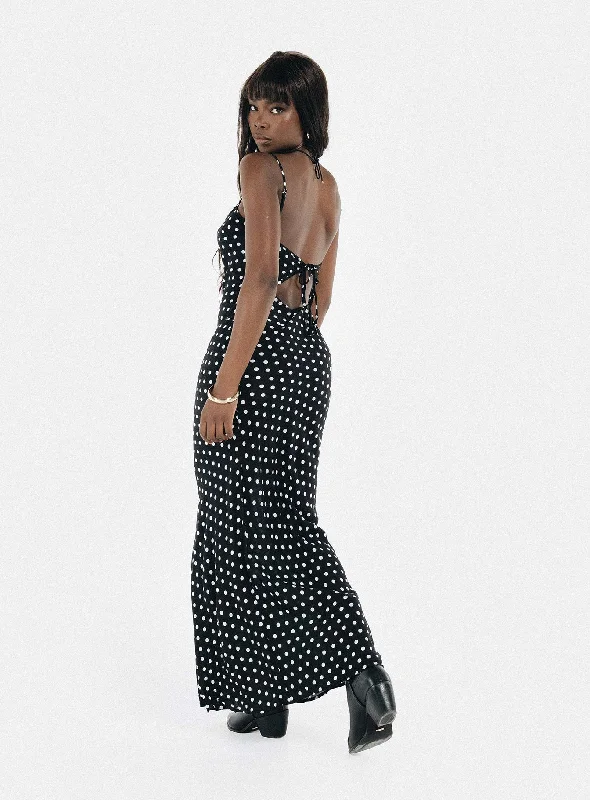 Luncheon Maxi Dress Black Polka Dot Cozy Cold-Shoulder Maxi Dress