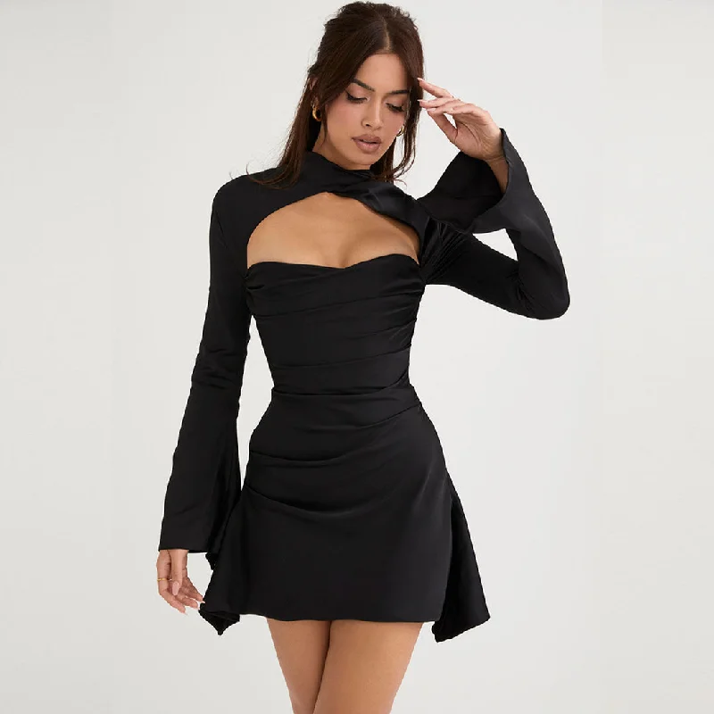 BerryBetty - Long Sleeve Draped Satin Mini Dress - Black Trendy Button-Detail Mini Dress BerryBetty - Long Sleeve Draped Satin Mini Dress - Black Trendy Button-Detail Mini Dress