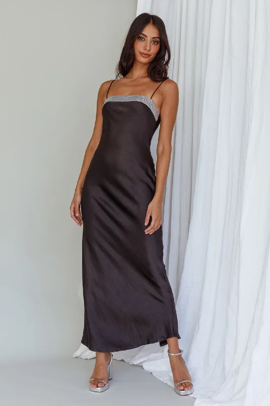 Making Headlines Diamante Neckline Maxi Dress Black Fashionable High-Low Maxi Dress