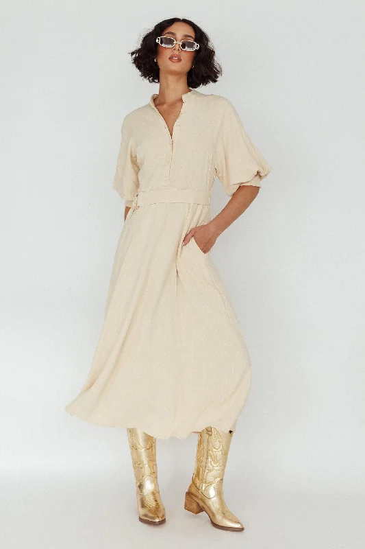 Mallory Belted Waist Lantern Sleeve Midi Dress Beige Trendy Boho Midi Dress