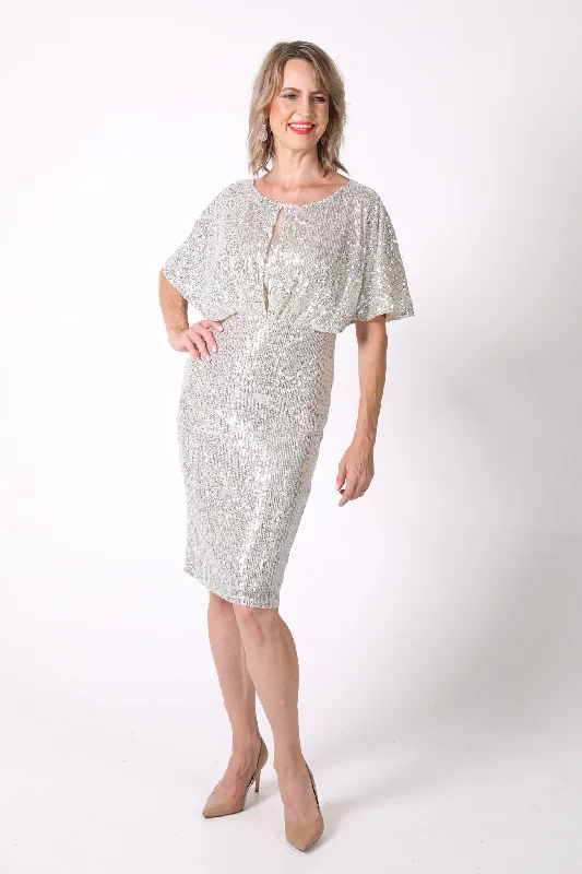 Margaret Butterfly-Sleeve Sequin Midi Dress - Silver Cozy Wide Strap Midi Dress