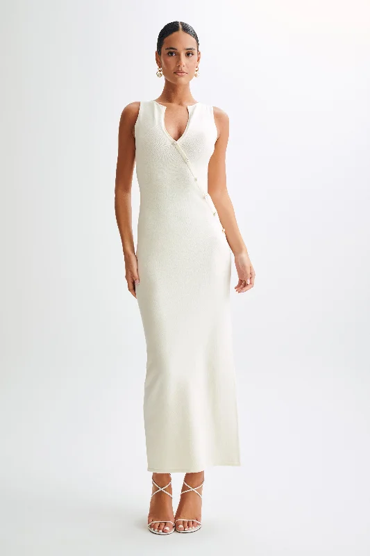 Marina Sleeveless Buttoned Knit Midi Dress - Ivory Cozy Spaghetti Strap Midi Dress