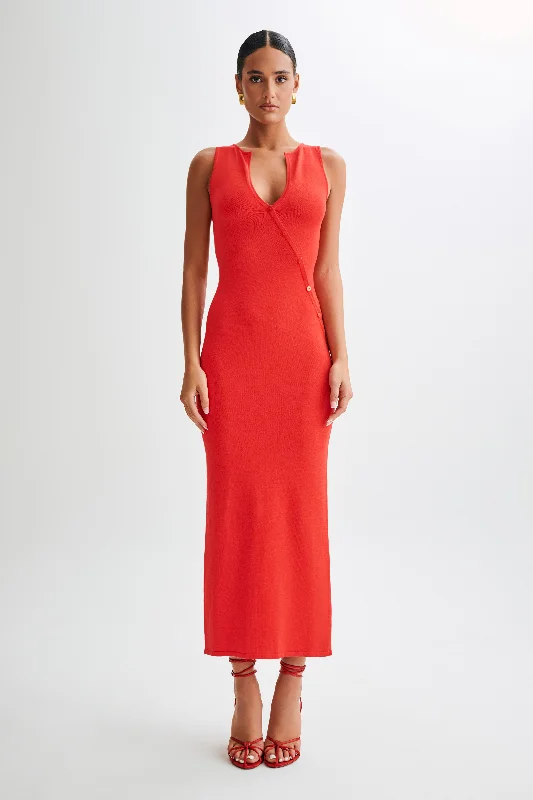 Marina Sleeveless Buttoned Knit Midi Dress - Pomegranate Comfortable Fit-and-Flare Midi Dress