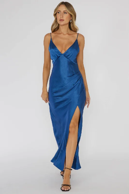 Marlie Side Pleat Maxi Dress Navy Cozy Maxi Dress with Slit