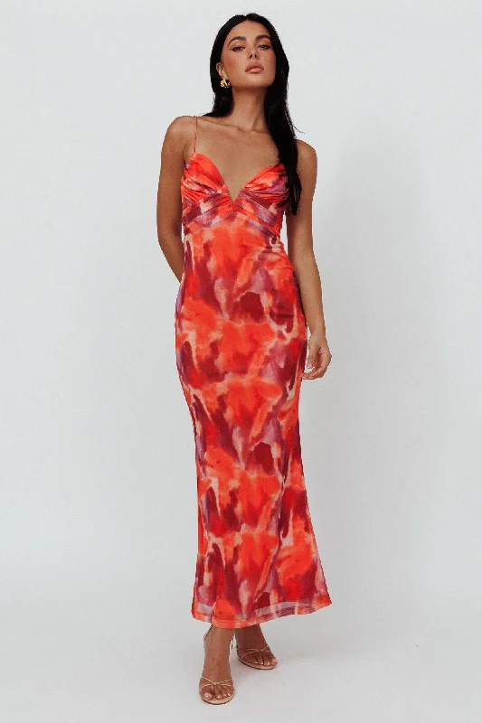 Marrakesh Gathered Bust Maxi Dress Print Orange Comfortable Ruffle Maxi Dress