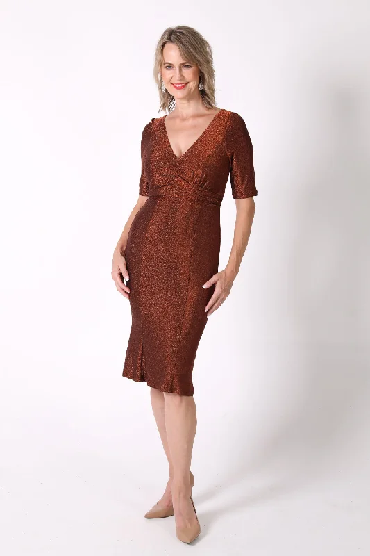 Matilda V-Neck Sleeve Midi Dress - Shimmer Copper Elegant Satin Slip Midi Dress