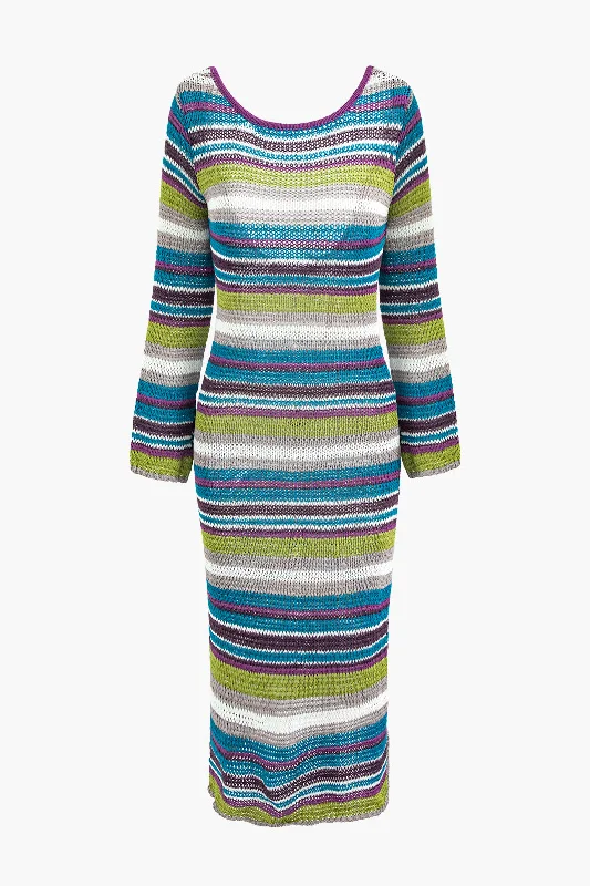 Colorblock Stripe Backless Crochet Open Knit Midi Dress Comfortable Sleeveless Midi Dress